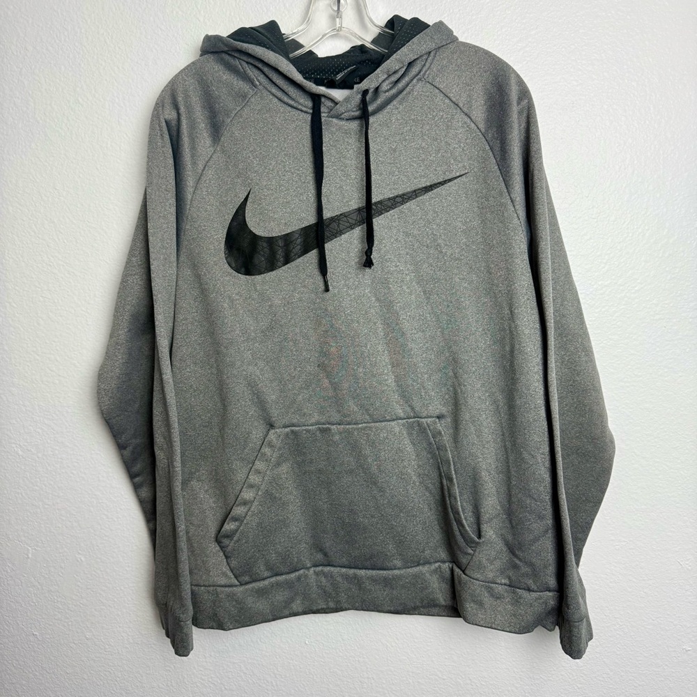 Nike Dark Gray Logo Hoodie Sweatshirt Fleece Pocket Workout Fitness Athleisure